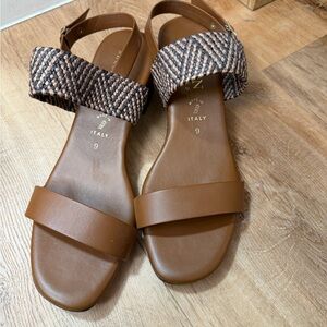 Brown Leather & Woven Strap Women's Heeled Sandals - Size 9